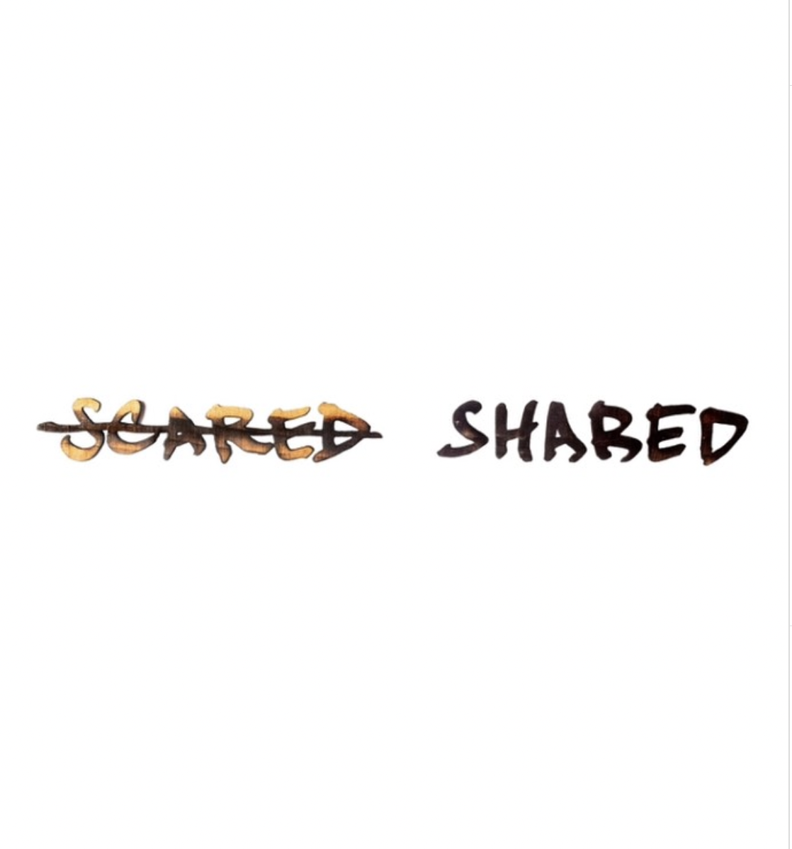 SCARED SHARED, 2023, FROM THE MALAPROPISMS SERIES, SCANNED HANDWRITING, LASER-CUT AND CHARRED CALIFORNIA LIVE OAK